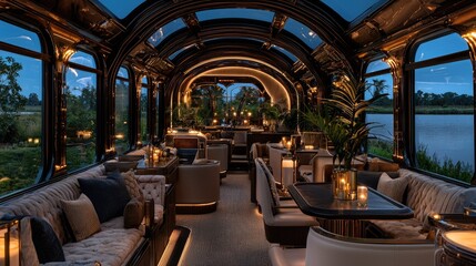 Fototapeta premium Luxurious observation car interior offers panoramic views of the landscape at twilight
