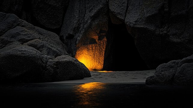 Illuminated opening of a dark coastal cavern reveals sandy shore and still water reflection