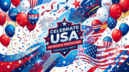 Fototapeta premium Vibrant usa patriotic celebration background with balloons fireworks and confetti for festive events