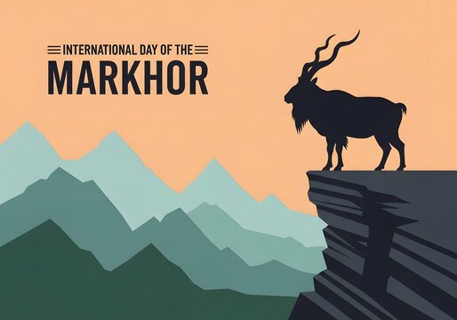 International Day of the Markhor Poster with Silhouette of Wild Goat on Cliff and Mountain Range