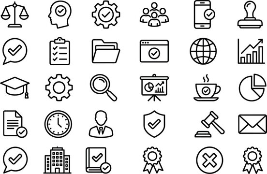 Business management and quality assurance outline vector icons featuring analytics approval teamwork security certification and productivity symbols