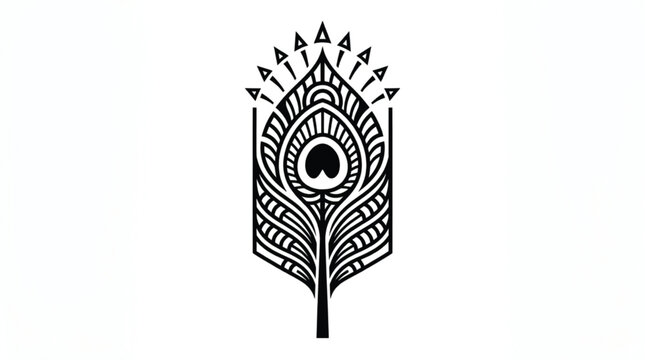 Stylized peacock feather vector set with geometric tribal patterns, elegant black-and-white illustration for decorative, tattoo, and ornamental design icons