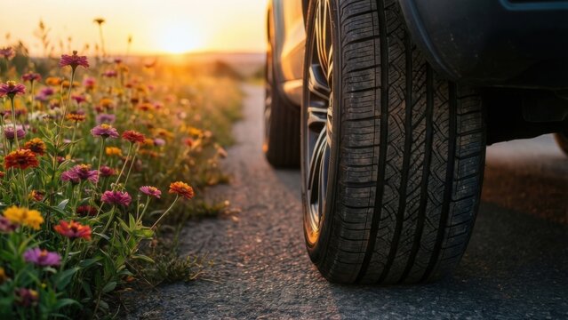 Close up of a car tire on a road next to a field of flowers at sunset 
