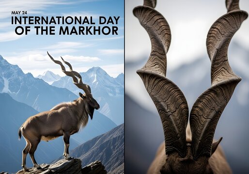 International Day of the Markhor Banner with Majestic Wild Goat and Close-up of Spiral Horns