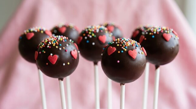 Delicious chocolate cake pops decorated with colorful sprinkles and red heartshaped sugar candies on a soft pink background