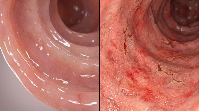 Healthy gut vs inflamed gut comparison showing normal smooth intestinal lining and damaged irritated tissue with redness and cracks indicating ibs or leaky gut condition