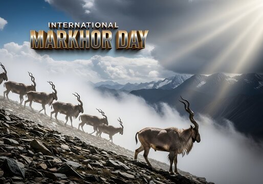 International Markhor Day Poster with Majestic Wild Goats in Rugged Mountain Landscape