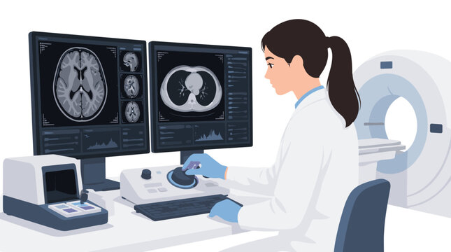 Radiology technician operating magnetic resonance imaging scanner.