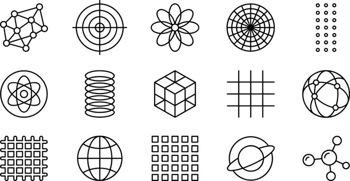 Abstract geometric science vector icon collection featuring atom network grid spiral globe target and futuristic technology design symbols