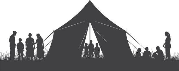 Silhouette of a diverse group of people standing around a large tent © MDSaidul
