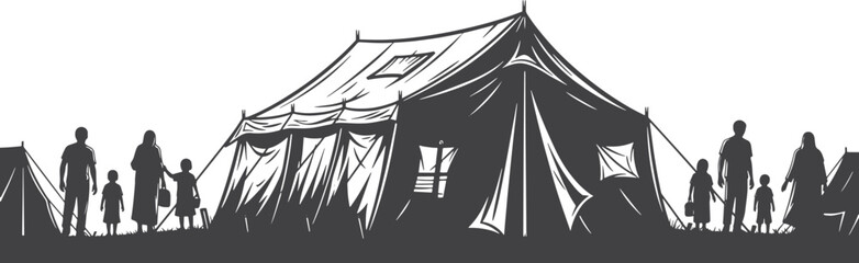 Black and white illustration of a family near a tent © MDSaidul