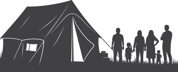Family standing near a tent in a camping scene at night © MDSaidul