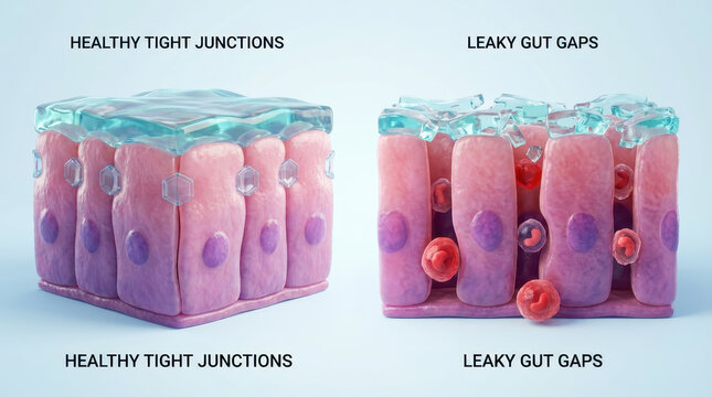 Healthy gut vs inflamed gut shows healthy tight junctions compared to leaky gut gaps causing ibs and leaky gut symptoms in digestive health illustration