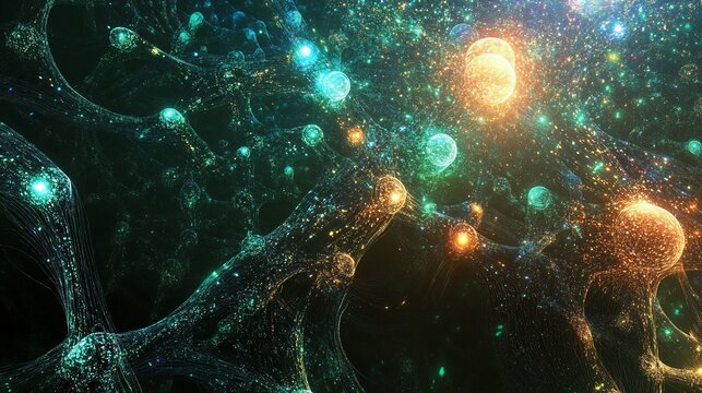 Cosmic Network Glowing orbs and nebulae in deep space, digital art, science fiction background