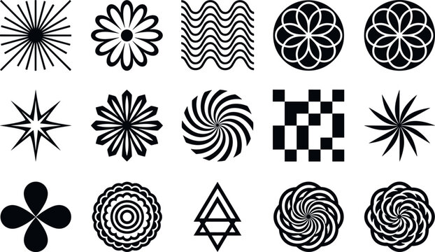 Abstract geometric floral vector icon collection featuring spiral mandala wave star checkerboard and symmetrical decorative design elements