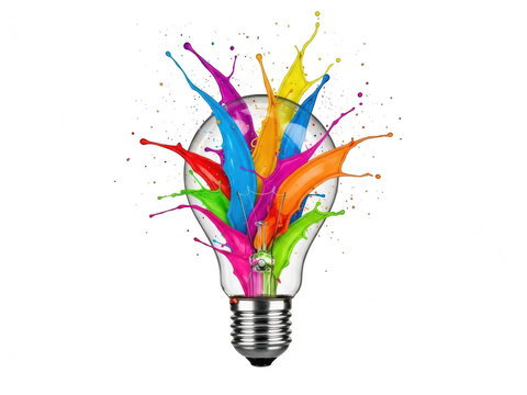 Vibrant idea illuminated in a colorful light bulb isolated on white background