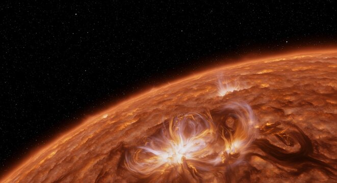 Active Sun Surface with Intense Magnetic Loops and Solar Flares