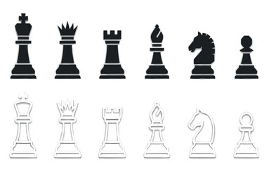 Professional vector chess icon set featuring king queen rook bishop knight and pawn in solid black and white outline styles isolated on white background © RahianKhan