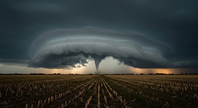 Powerful Tornado Funnel Cloud Over Harvested Farm Field