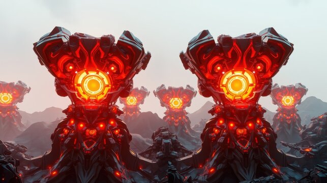 Futuristic robots stand upon rocky terrain. Glowing red lights illuminate complex metallic structures. Dramatic sky provides eerie backdrop.