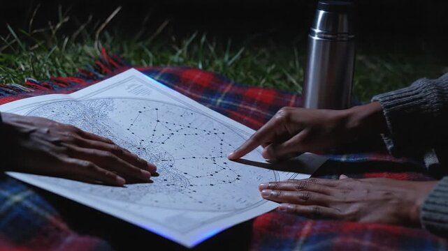 Studying a star map, African American young adult hands with dark skin point at constellations on a blanket at night.