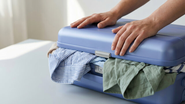 Messy travel luggage suitcase packing stress hands. Messy travel luggage packing suitcase baggage journey trip clothes vacation preparation