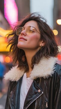 Young caucasian female in urban setting wearing leather jacket and glasses