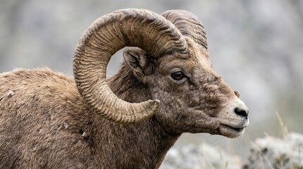 Obraz premium Close-up of a bighorn sheep ram with large curved horns in a natural outdoor setting