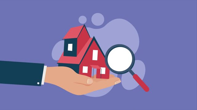 Hand holding a house icon with magnifying glass examining property search motion footage.