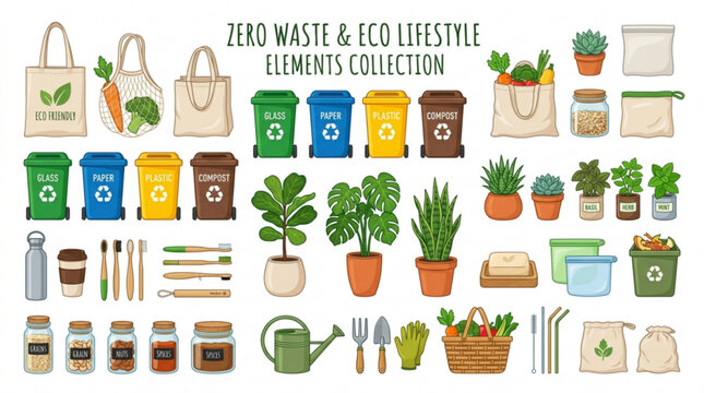 Zero waste and eco lifestyle elements collection with recycling bins plants and reusable bags on white background