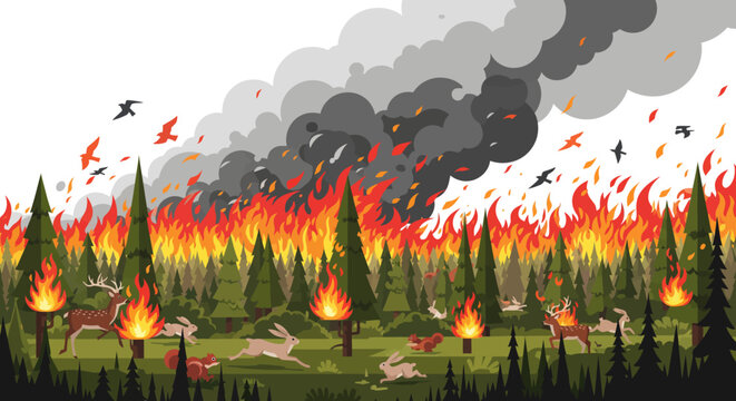 Wildfire destroying forest with woodland animals escaping pixel art
