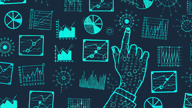 Flat vector hand pointing at floating graphs and charts on dark background with various data visualization icons