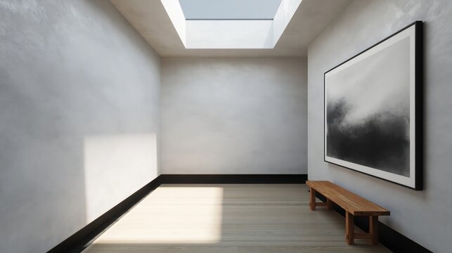 Narrow minimalist gallery hallway with white venetian plaster texture skylight and simple wooden bench for interior design background and wall decor poster