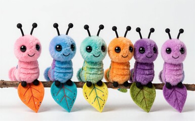 Obraz premium Six colorful plush caterpillars with leaves smiling on a branch.