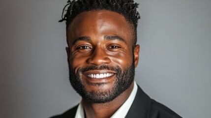 Obraz premium Smiling african male adult wearing suit in portrait with gray background International Day for People of African Descent