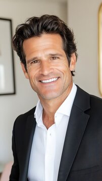 Smiling caucasian male adult in black suit and white shirt indoors