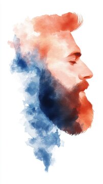 Colorful watercolor profile portrait of young caucasian male with beard. National No Beard Day