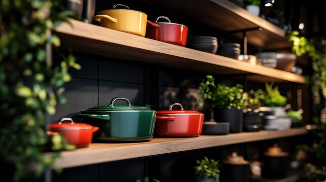 Colorful cookware display in modern kitchen with greenery