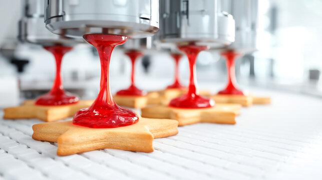 Industrial machine depositing red jam onto star shaped cookies on a conveyor belt. Automated food manufacturing process in production factory. Bakery technology and snack production.
