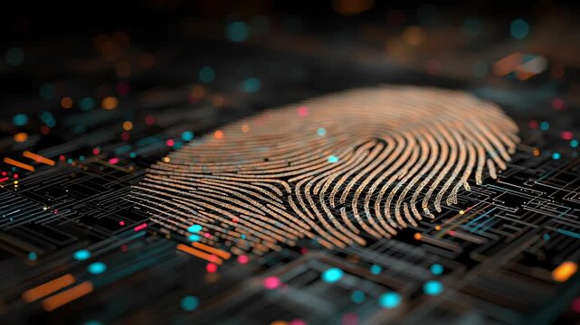 Fingerprint biometric security technology digital identification authentication close up pattern data scan cyber electronic access colorful lights