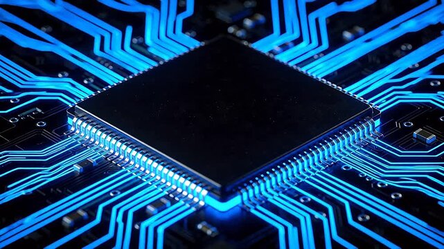 Closeup of a glowing blue circuit board