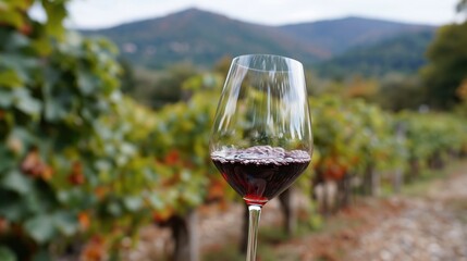 Obraz premium Crystal clear wine glass filled with rich red wine, showcasing bubbles, set against a blurred vineyard landscape with autumn foliage.
