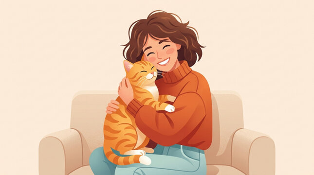 Happy woman in orange sweater hugging a playful orange tabby cat while sitting on a beige couch indoors