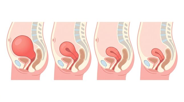 Medical illustrations depict stages of involution in the fourth trimester, highlighting changes in the female anatomy during postpartum recovery.