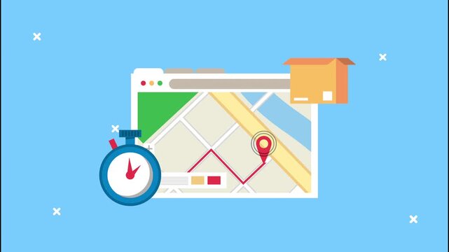 Digital map interface showing logistics tracking with stopwatch and package motion graphics.