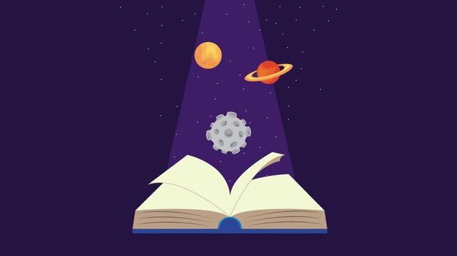 Animated book opening to reveal outer space with moon and planets in flat style motion design.