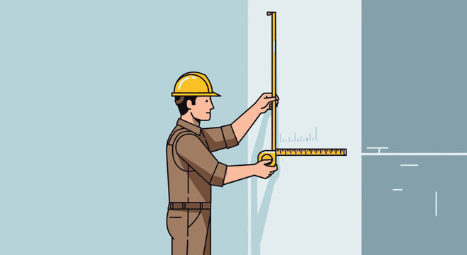 Construction worker measuring wall height with tape measure, safety helmet
