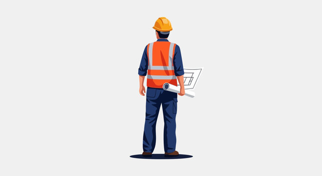 Construction worker with blueprint, wearing safety vest and hard hat, facing away