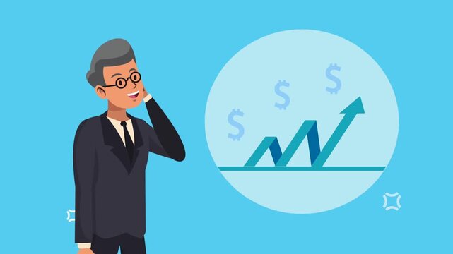 Businessman talking on phone with growing business chart and money symbols in circle.