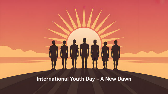 Youth Empowerment Sunrise Silhouette with Diverse Young People Facing New Beginnings and Promising Future